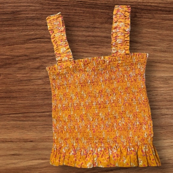WAYF Smocked Ruffle Hem Top, Orange Yellow Floral Print 100% Cotton, Size Medium - Picture 12 of 12